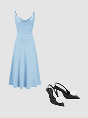 Cowl Neck Solid Ruched Maxi Dress & ROSE SATIN SLINGBACK HEELS