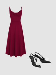 Cowl Neck Solid Ruched Maxi Dress & ROSE SATIN SLINGBACK HEELS