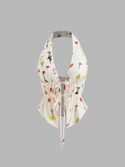 Halter Neckline Floral Tie Front Bow Top