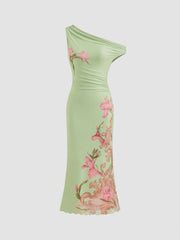 Mesh Asymmetrical Neck Floral Ruched Lettuce Trim Midi Dress