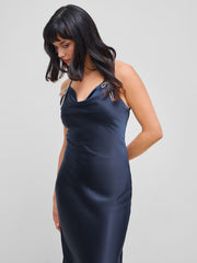 Satin Cowl Neck Rhinestone Bowknot Mermaid Maxi Dress