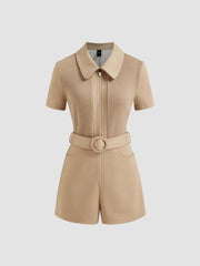 Collar Zip Through Patched Romper With Belt