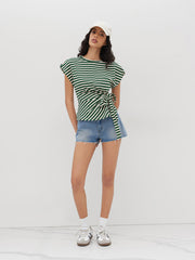 Cotton-blend Stripes Bowknot Crop Tee