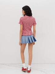 100% Cotton Gingham Tie Front Bow Shirred Top