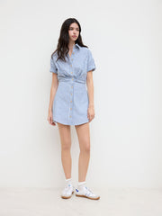 Cotton-blend Polo Stripe Button Through Roll-up Sleeve Mini Dress
