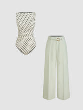 Boat Neck Polka Dot Ruched Bodysuit & Mid Rise Pocket Trousers With Belt