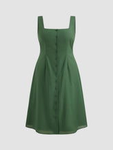 Linen-blend Square Neck Button Through Shirred Midi Dress Curve & Plus
