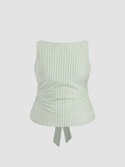Cotton-blend Boat Neck Stripe Bowknot Tank Top Curve & Plus