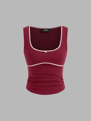 Cotton-blend U-neckline Contrasting Binding Ruched Tank Top