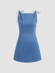 Stretch Denim Solid Zipper Knotted Mini Dress