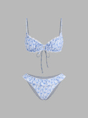 V-neck Floral Lettuce Trim Bracelet Cheeky Bikini Set