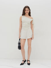 Polka Dot Asymmetrical Neck Ruched Romper