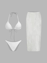 Halter Neckline Knotted Triangle Bikini Set With Floral Cover Up Skirt