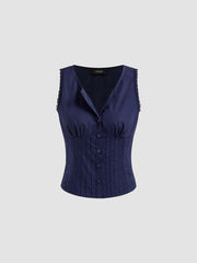 Cotton-blend Button Up Lace Trim Tank Top