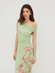 Mesh Asymmetrical Neck Floral Ruched Lettuce Trim Midi Dress