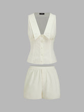 Cotton Collar Embroidery Tank Top & Mid Rise Elastic Waist Split Shorts Set