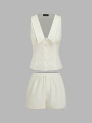 Cotton Collar Embroidery Tank Top & Mid Rise Elastic Waist Split Shorts Set