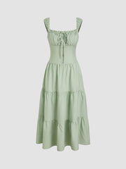 Square Neck Check Tiered Ruffle Maxi Dress