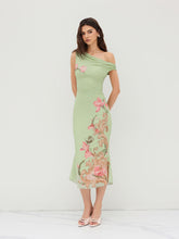 Mesh Asymmetrical Neck Floral Ruched Lettuce Trim Midi Dress