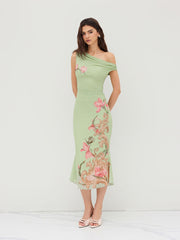 Mesh Asymmetrical Neck Floral Ruched Lettuce Trim Midi Dress
