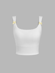 Built-in Bra Square Neck Bowknot Lace Trim Crop Tank Top & Mid Rise Drawstring Wide Leg Trousers Loungewear Set