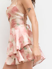 Square Neck Floral Lace Up Ruffle Romper