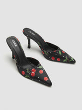 CHERRY PATTERN POINTED TOE SATIN HEELS
