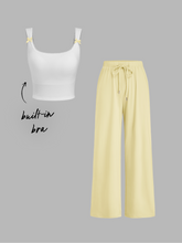 Built-in Bra Square Neck Bowknot Lace Trim Crop Tank Top & Mid Rise Drawstring Wide Leg Trousers Loungewear Set