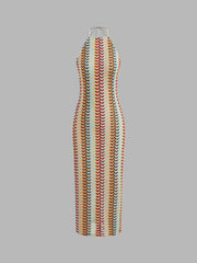 Halter Neckline Stripe Tie Back Backless Maxi Dress