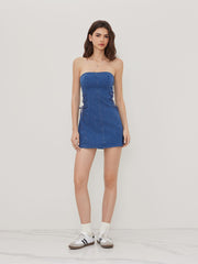 High Stretch Denim Bandeau Lace Up Mini Dress
