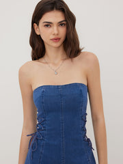 High Stretch Denim Bandeau Lace Up Mini Dress