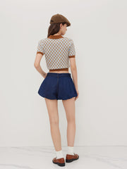Denim Low Rise Bubble Hem Shorts With Belt