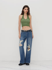 Knit Halter Neckline Rib Crop Top