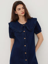 Denim Peter Pan Collar Button Through Smock Puff Sleeve Mini Dress
