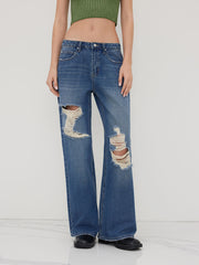 Cider Denim Low Rise Ripped Wide Leg Jeans