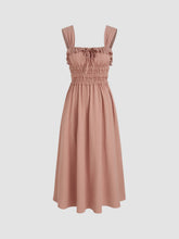 100% Cotton Square Neck Shirred Lettuce Trim Bowknot Maxi Dress