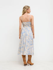 Cotton Square Neck Floral Ruched Knotted Midi Dress