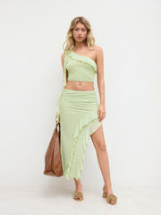 Mesh Ruffle Crop Tank Top & Mid Rise Asymmetrical Hem Midi Skirt