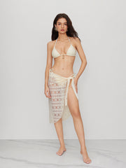 Halter Neckline Shell Detail Knotted Triangle Bikini Set With Sarong
