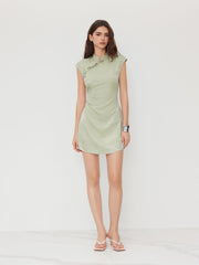 Satin Mandarin Collar Floral Tie Front Ruched Mini Dress