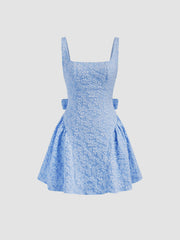 Jacquard U-neckline Floral Backless Bowknot Mini Dress