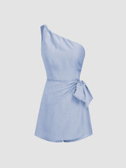 Linen-blend Asymmetrical Neck Bowknot Romper