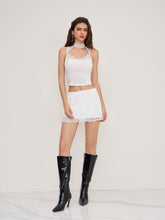 High Neck Lace Trim Cut Out Tank Top & Mid Rise Mini Skirt Set