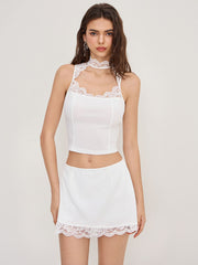 High Neck Lace Trim Cut Out Tank Top & Mid Rise Mini Skirt Set