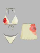 V-neck Floral Knotted Halter Bikini Set With Cover Up Skirt