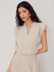 V-neck Elastic Waist Ruched Straight Leg Jumpsuit