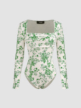 Square Neck Floral Ruched Bodysuit