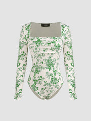 Square Neck Floral Ruched Bodysuit