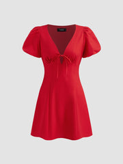 Linen-blend V-neck Tie Front Bow Puff Sleeve Mini Dress
