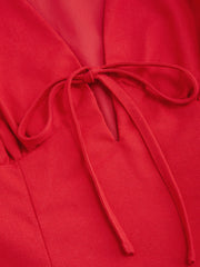 Linen-blend V-neck Tie Front Bow Puff Sleeve Mini Dress